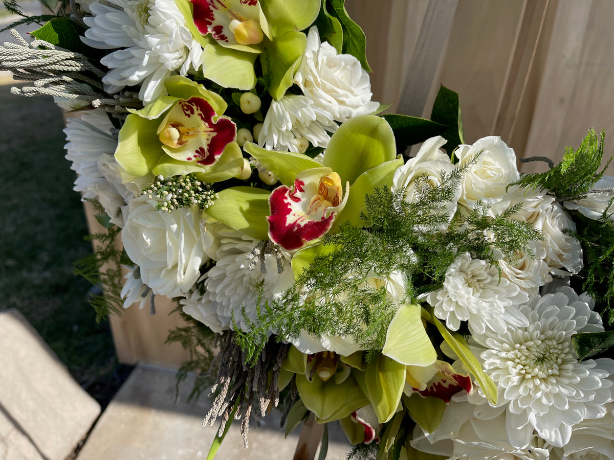 Premium Ivory & Green Orchid Standing Wreath