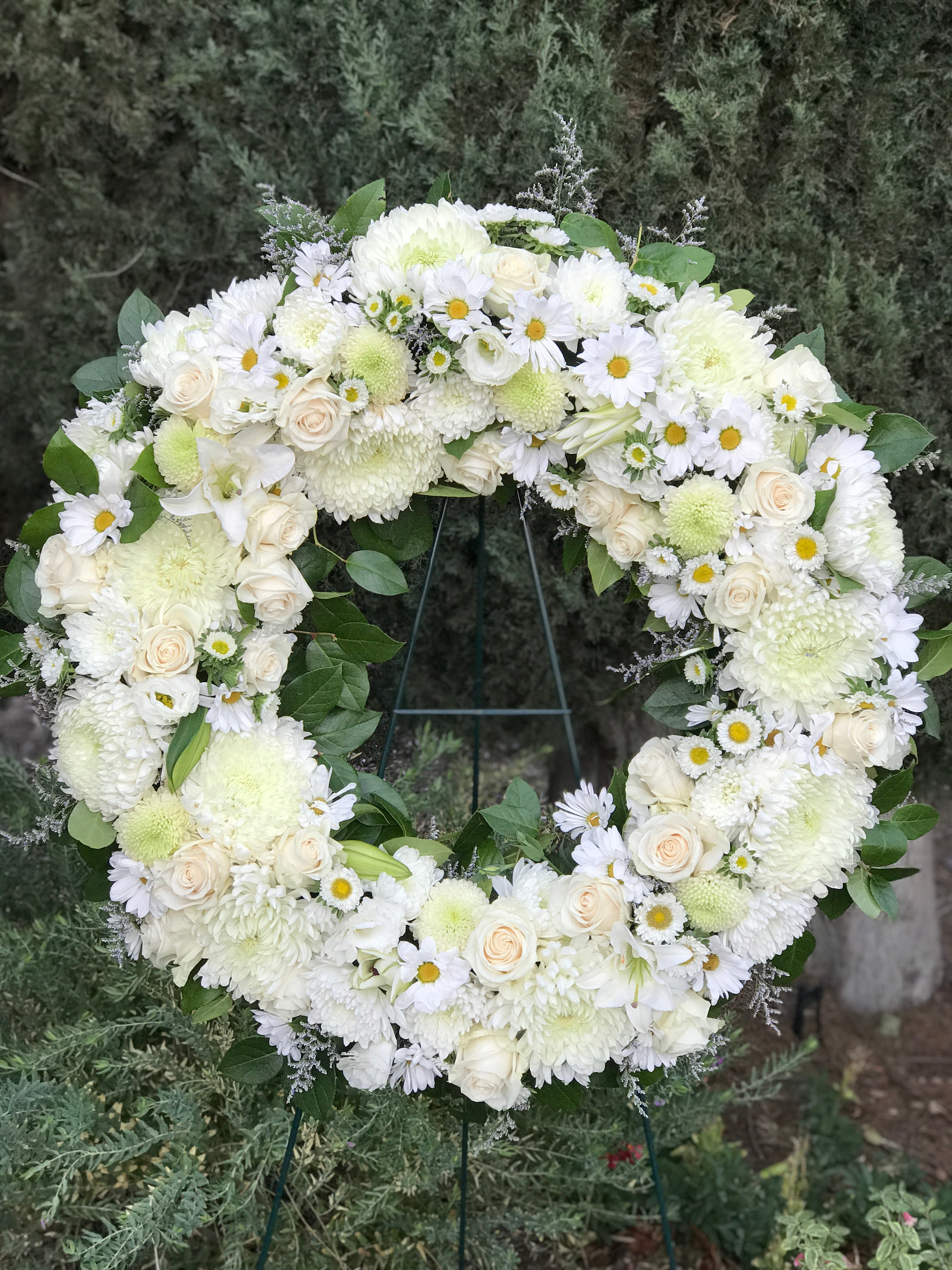 funeral flowers white lilies Pure Grace White Standing Wreath