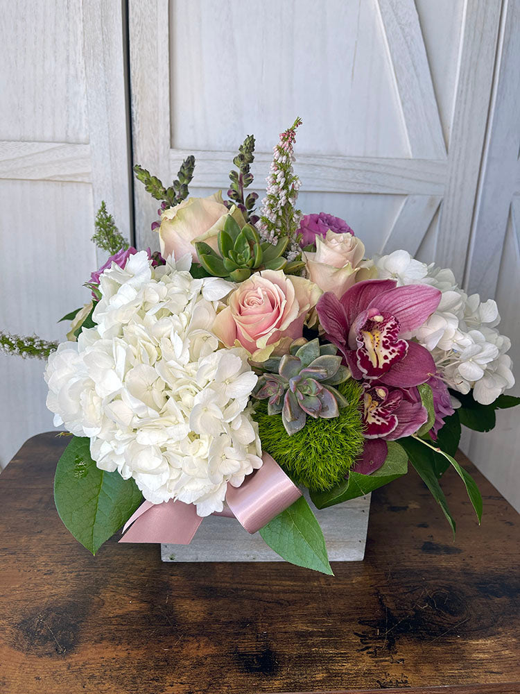 succulent and hydrangea bouquet Goddess Flower Arrangement